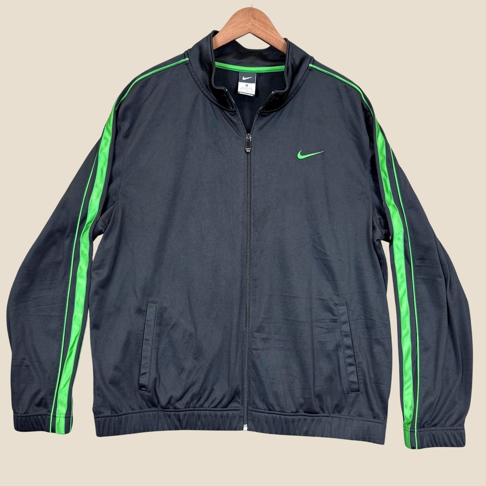 Nike Track Jacket Men XL Black Green Full Zip Athletic Swoosh Logo Sportswear